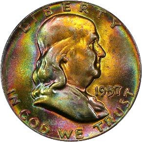 Coin photography by DM Rare Coins displays rainbow toned NGC CAC Franklin half dollar.