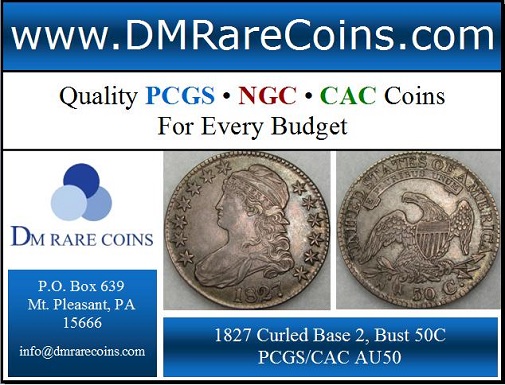 DM Rare Coins offers capped bust half dollars such as this 1827 Overton 146 Curled Base 2 PCGS and CAC AU50. We offer a nice selection of other rare coins and medals, such as cherrypicker's guide doubled die coins and prooflike coins. DM Rare Coins also specializes in coin photography services at a great price!
