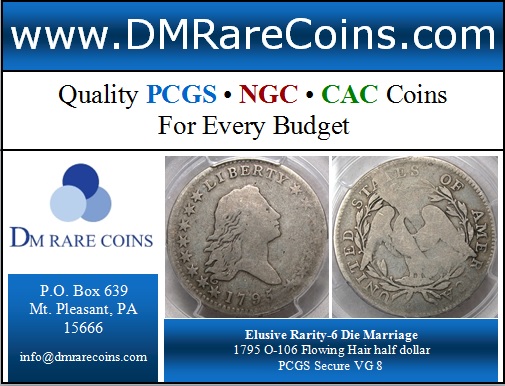 DM Rare Coins offers rare coins like this PCGS graded 1795 Flowing Hair half dollar, die varieties and doubled die varieties form the Cherrypicker's guide, prooflike coins, betts medals, seated liberty coins and capped bust halves